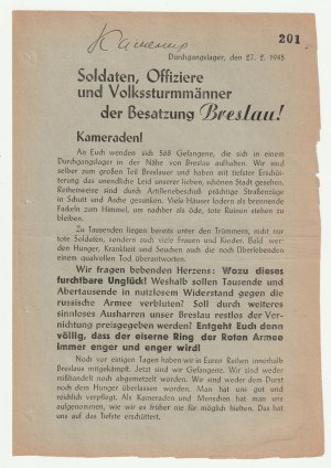 SOLDATEN, Offiziere und Volkssturmmänner der Besatzung Breslau! („Żołnierze, oficerowie i Volkssturmiści garnizonu Wrocławskiego!”)