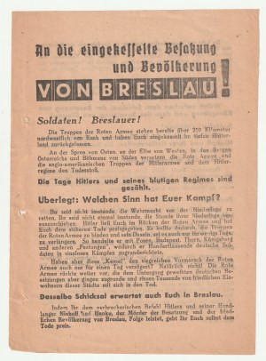 AN DIE eingekesselte Besatzung und Bevölkerung von Breslau! („Do otoczonego garnizonu i ludności Wrocławia!”) - 20.04.1945