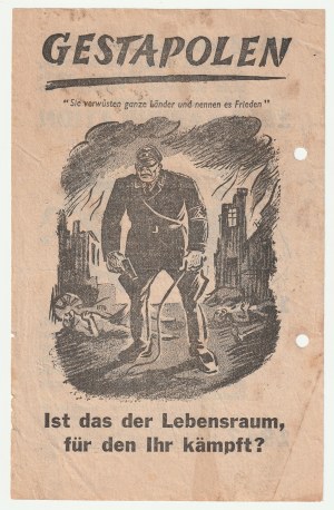 GESTAPOLEN - Volantino britannico in tedesco del 1940, fronte-retro, con la caricatura di un nazista primitivo sullo sfondo di una Polonia devastata.