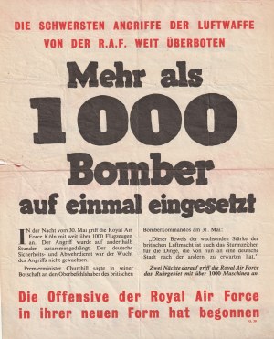 SET von 6 Flugblättern. - 1) Juni 1942, über die Realisierung einer Drohung der RAF, die Kolonie mit 1000 Bombern zu bombardieren ...