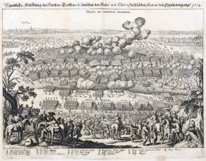 LEGNICA. Panoramablick auf das Schlachtfeld von Legnica während des Dreißigjährigen Krieges, mit Blick auf die Stadt im Hintergrund.