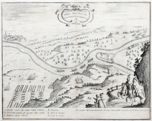 SZPICA MĄTOWSKA. Oblężenie Szpicy Mątowskiej przez J. S. Lubomirskiego w 1656 r.; widoczne umocnienia twierdzy oraz wojska Lubomirskiego wraz z artylerią oblężniczą
