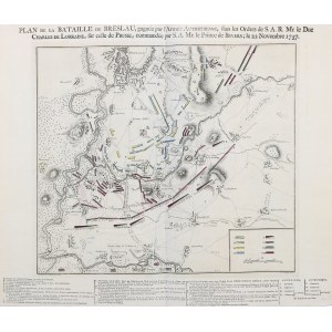 WROCŁAW. Plan bitwy stoczonej 22 XI 1757 r. pomiędzy wojskami austriackimi a pruskimi; ryt. J. V. Schley wg rys. L. W. F. von Oebschelwitza, 1758 r.