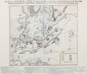 WROCŁAW. Plán bitvy mezi rakouskou a pruskou armádou 22. XI. 1757; eng. J. V. Schley podle kresby L. W. F. von Oebschelwitz, 1758.