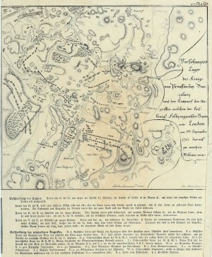 BOLESŁAWICE (Świdnický okres). Plán pruského tábora pri Boleslaviciach a plány rakúskeho útoku (VIII 1761), komp. J. Adam (1748-1811)