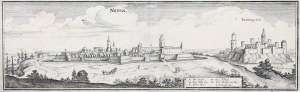NARVA (est. Narva, russ. Нарва). Gesamtansicht zweier am Fluss Narva gelegener Städte (Narva und Iwangorod), ca. 1700