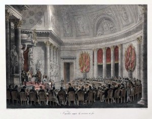 NAPOLEON. Napoleon přijímá železnou korunu (korunovace italským králem 17. III. 1805 v Miláně); kresba Jean Victor Adam, litery C.E.P. Motte, Paříž 1822-1826