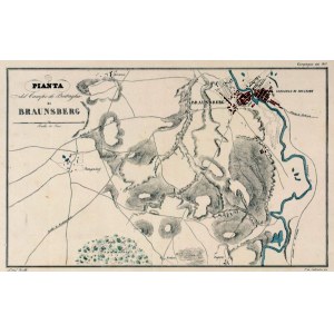 BRANIEWO. Bitwa pod Braniewem (26 II 1807) - rzadka i bardzo dokładna mapa okolic Braniewa wraz z planem miasta; lit. Cirelli wg L. de Salvatori, Neapol, ok. 1830