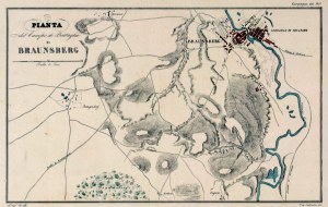 BRANIEWO. Schlacht von Braniewo (26 II 1807) - seltene und sehr genaue Karte des Braniewo-Gebietes zusammen mit einem Plan der Stadt; beschriftet von Cirelli nach L. de Salvatori, Neapel, ca. 1830