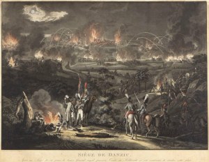 GDANSK. obliehanie mesta Napoleonovou armádou v roku 1807. - v popredí scéna tábora, v pozadí pohľad na bombardované mesto Gdansk; kreslené a eng. I. L. Rugendas (1775-1826)