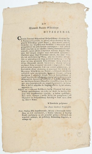 WOJNA 1812 roku - Wilno. Do Obywateli Powiatu Wileńskiego ostzezenie, pismo podprefekta Jana księcia Giedroycia z 25.08.1812