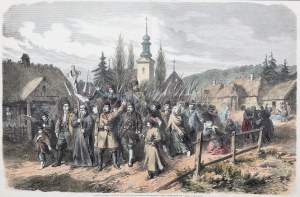 GRODNO (wh. Гро́дна). Povstalci opouštějící Grodno, kresba Julese Wormse, 1863