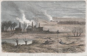 MAŁOGOSZCZ. Pohľad na Małogoszcz zničený po prechode Rusov; 1863