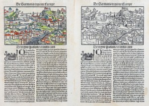 POLAND. Extremely impressive juxtaposition of two identical engravings - in color and b/w. - fancy view of polish city