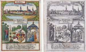 LUBIN. Extremely impressive juxtaposition of two identical engravings - in color and b/w versions. - panorama of the city