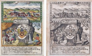 PAWA GÓRNA. Extremely impressive juxtaposition of two identical engravings - in color and b/w versions. - panorama of the city