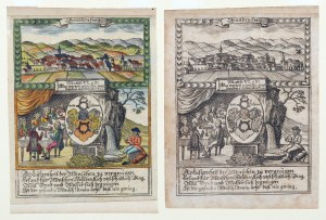 PAWA GÓRNA. Extremely impressive juxtaposition of two identical engravings - in color and b/w versions. - panorama of the city