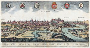 KRAKOV. Panoráma mesta; ryt. M. Merian, pohľad reprodukovaný v: Gottfried, Neuwe archontologia cosmica [...], Frankfurt n. Main 1638