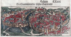 KRAKOV. Pohled na Krakov; celý list z: Schedel, Liber Chronicarum, ed. J. Schönsperger