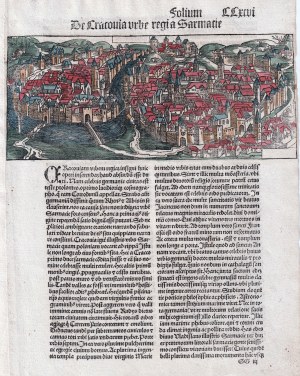 KRAKOV. Pohľad na Krakov; celý list z: Schedel, Liber Chronicarum, ed. J. Schönsperger