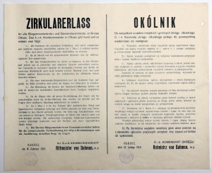 OLKUSZ. Circulaire A tous les bureaux municipaux et communaux du district d'Olkuski / C. et k. Le commandement du district d'Olkuski...