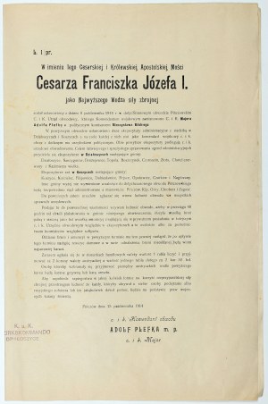 PIŃCZÓW, DZIAŁOSZYCE, KOSZYCE. Announcement of the Commander of the c. and k. Maj. A. Plefka, regarding the reorganization of the occupation administration