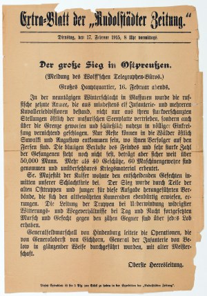 VÝCHODNÍ PRUSKO. Komuniké o německých vítězstvích v druhé bitvě u Mazurských jezer (7.-18.2.1915)