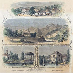 KRYNICA-ZDRÓJ, SZCZAWNICA. Vedute di terme in quattro sezioni; disegno di Kleeman, 1870 ca.