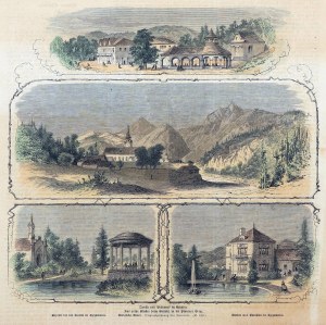 KRYNICA-ZDRÓJ, SZCZAWNICA. Pohledy na lázně ve čtyřech řezech; kresba Kleemana, asi 1870