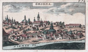 GRODNO (wh. Го́радня). Panorama de la ville depuis la rivière Nemunas ; extrait de : J. von Sandrart