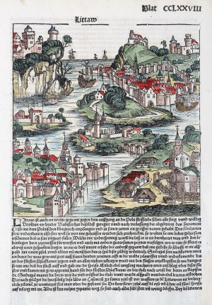 LITVA. Fantastický pohľad na Litvu; celá strana zo slávnej inkunábuly s názvom Kronika sveta (Liber chronicarum) od H. Schedela (1440-1514).