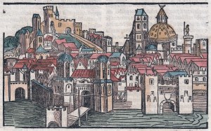 LITUANIA. Veduta di fantasia della Lituania - moschea visibile a destra; foglio completo da: H. Schedel, Liber Chronicarum