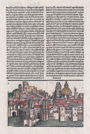 LITUANIA. Veduta di fantasia della Lituania - moschea visibile a destra; foglio completo da: H. Schedel, Liber Chronicarum