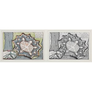 FORTRESS DYNEMUNT, RIGA. Extremely impressive juxtaposition of two identical engravings - in color and b/w versions.