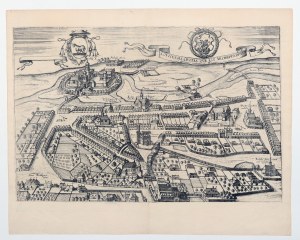 ŁOWICZ. Widok miasta z lotu ptaka; w górze herby Ciołek i miasta Łowicza; pochodzi z: Civitates Orbis Terrarum