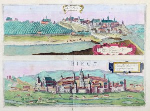 SANDIERZ, BIECZ. Panoramas des villes sur une feuille commune (reproduits à partir d'une seule plaque) ; extrait de : Civitates Orbis Terrarum