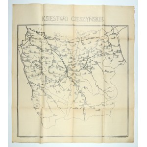 KSIĘSTWO CIESZYŃSKIE. Mapa Księstwa Cieszyńskiego; druk. Kutzera Sp. c. i k. dostawców dworu w Cieszynie, sprzed 1918
