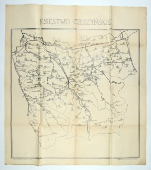 CIESZYNSKÉ VOJVODSTVO. Mapa Cieszynského vojvodstva; tlač. Kutzer Sp. c. a k. dodávatelia kaštieľa v Cieszyne, pred rokom 1918