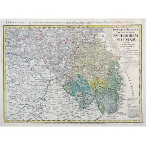 GÓRNY ŚLĄSK, CIESZYN, RACIBÓRZ, OPOLE, OPAWA, KARNIÓW, ZĄBKOWICE ŚLĄSKIE, NYSA, ZIĘBICE. Mapa Górnego Śląska; oprac. J.M. Haas, pochodzi z: Atlas Silesiae [...]