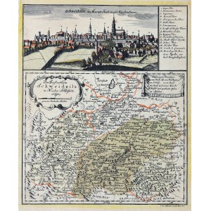 ŚWIDNICA. Mapa Księstwa Świdnickiego; w górze panorama miasta autorstwa F.B. Wernera