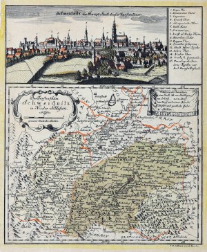 SWIDNICA. Mapa Świdnického knížectví; nahoře panorama města od F. B. Wernera.