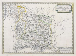 GRANDUCATO DI LITUANIA. Mappa del Granducato di Lituania che mostra la divisione nel Principato di Žemaitija e nelle province di Trakai, Vilnius, Novgorod, Polotsk, Minsk e Brest.