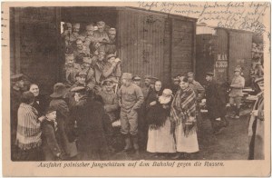 CZĘSTOCHOWA. Fotografia vo forme pohľadnice rozoslanej 12.6.15. Legionári na železničnej stanici