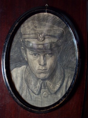 SOSNOWIEC, KATOWICE. Portrét Józefa Renika v legionárskej uniforme, kresba W. Araszkiewicza, 1925.