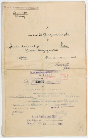 OLKUSZ, LUBLIN. Korespondence mezi úřady rakousko-uherské generální vlády v Lublinu a velením v Olkuszu, únor-duben 1916.