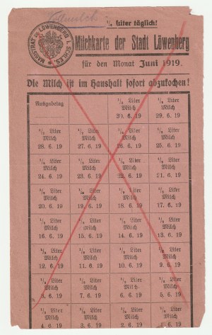LWÓWEK SLĄSKI. Two milk cards valid in June and July 1919
