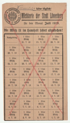 LWÓWEK ŚLĄSKI. Zwei Milchkarten gültig im Juni und Juli 1919