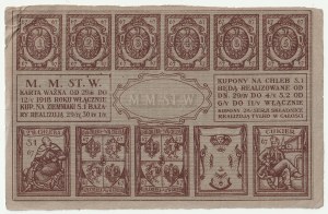 VARŠAVA. Potravinový lístek s kupony na chléb a cukr vydaný Magistrátem hlavního města Varšavy, platný do 02.05.1918.
