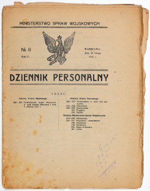 DZIENNIK personalny Ministerstwa Spraw Wojskowych. Warschau 26.02.1921. Nr. 8.