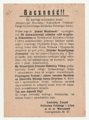 VARŠAVA. Baczność!, protibolševický leták neznámé organizace z doby před rokem 1918, Bezpartijní sdružení polských dělníků celého Spojeného království polského a litevského.